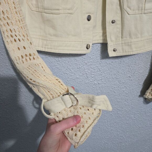 Blue B Womens Cropped Corduroy Crochet Open Knit Bell Sleeves Jacket Size S - Picture 4 of 7